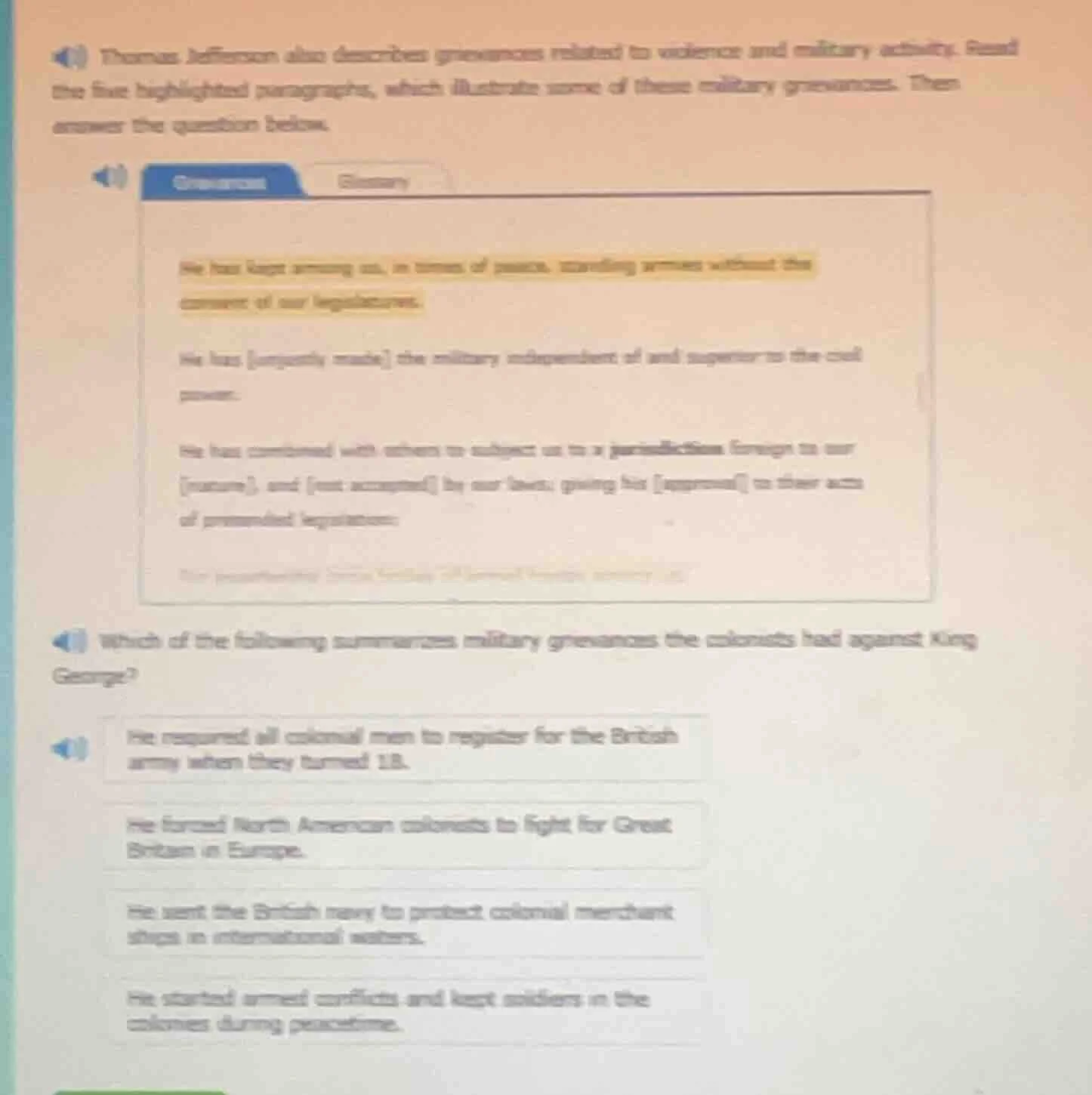 thomas jefferson also describes grievances related to violence and mili…