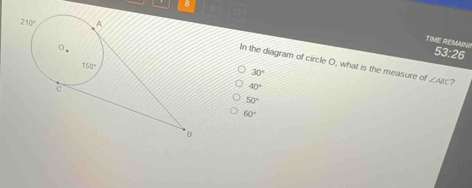 in the diagram of circle o, what is the measure of ∠abc? 30° 40° 50° 60°