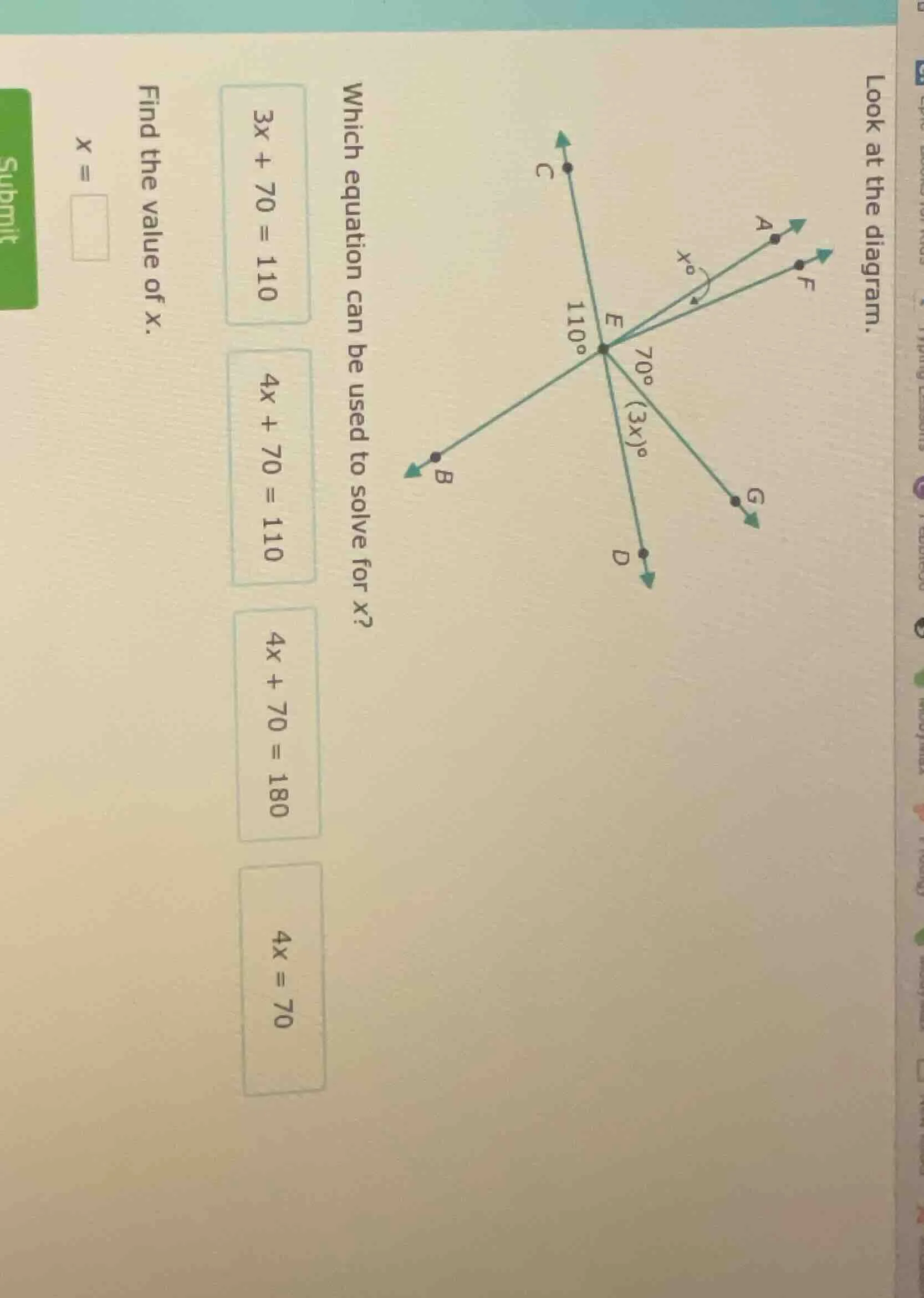 look at the diagram. which equation can be used to solve for x? 3x + 70…