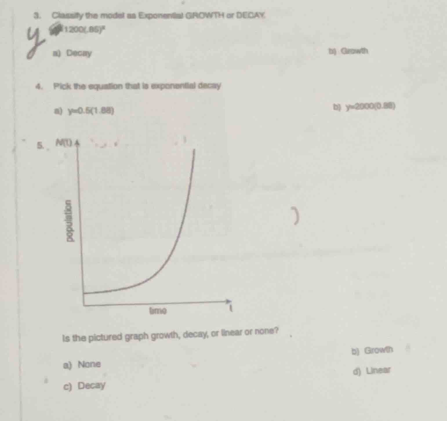 3. classify the model as exponential growth or decay. \\( y = 1200(0.85…