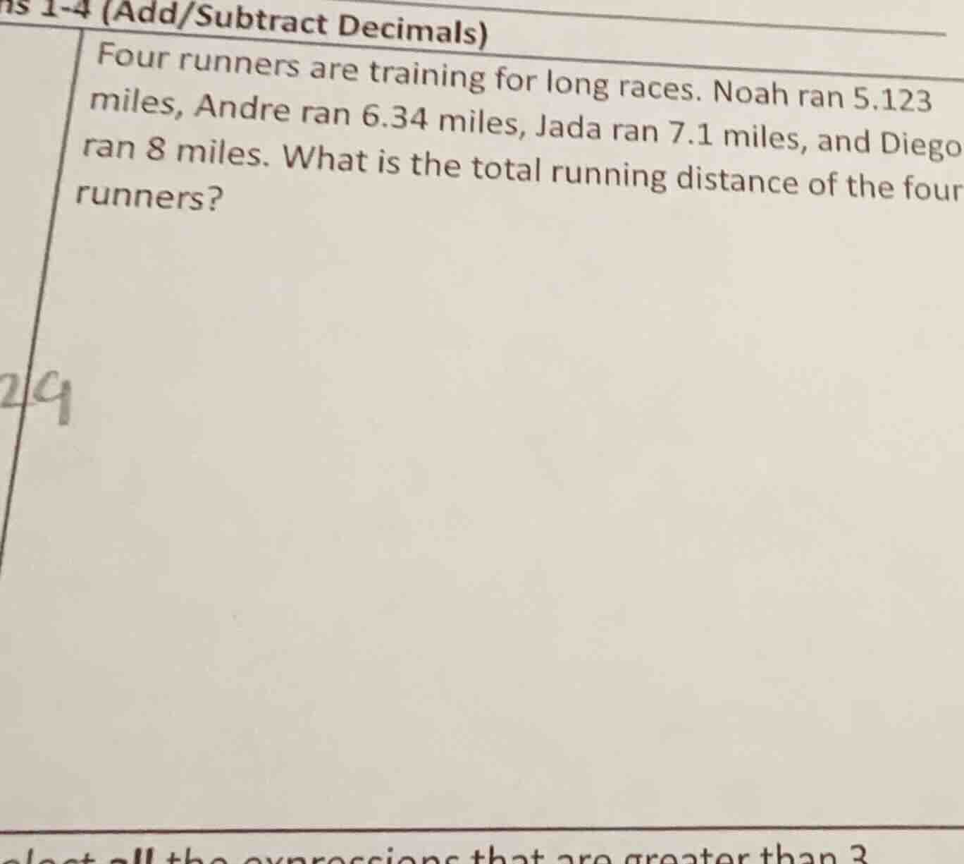 1-4 (add/subtract decimals) four runners are training for long races. n…