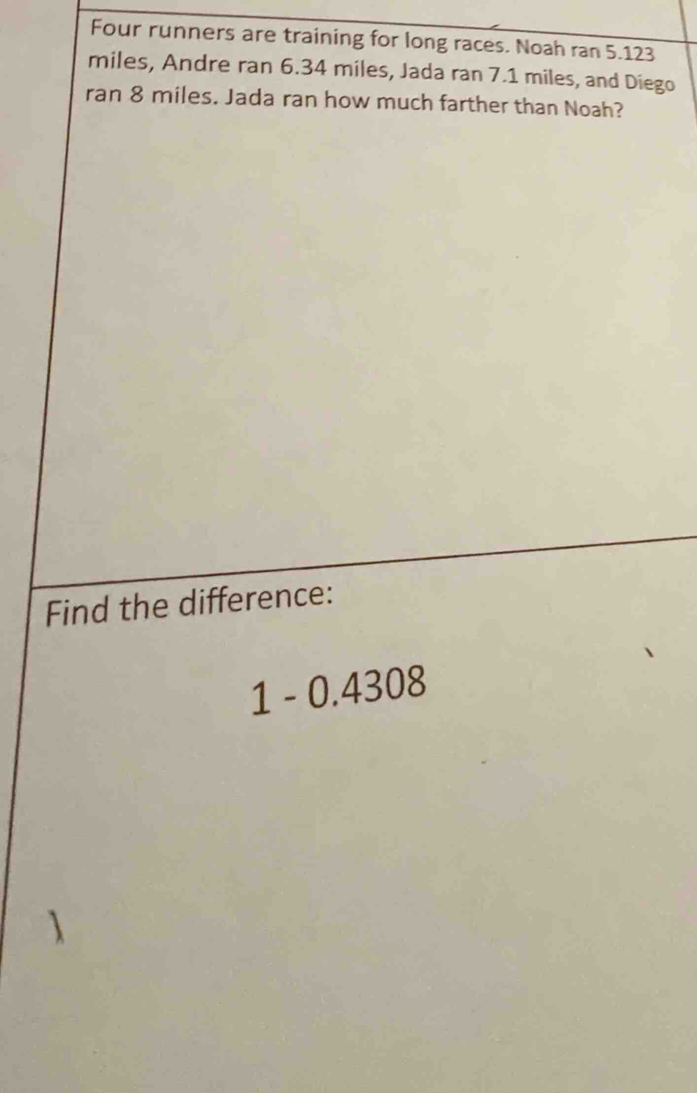four runners are training for long races. noah ran 5.123 miles, andre r…