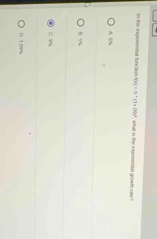 in the exponential function f(x) = 5·(1 + 09)^x, what is the exponentia…
