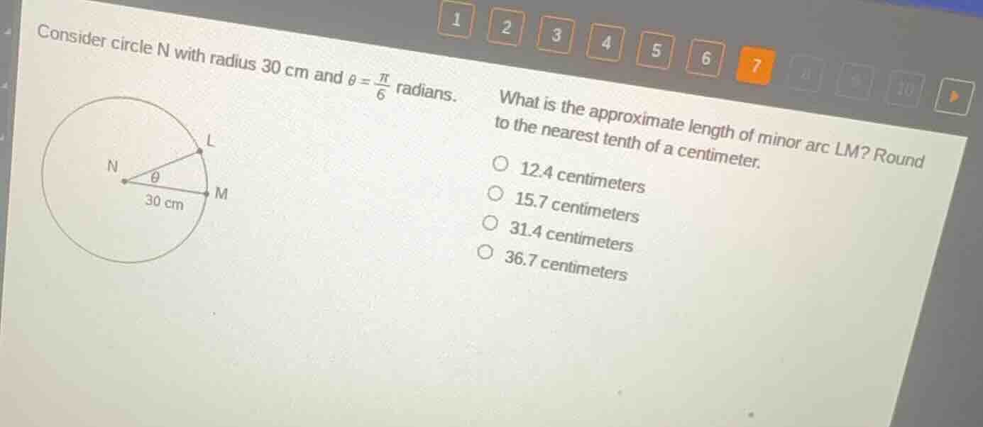 consider circle n with radius 30 cm and $\\theta = \\frac{\\pi}{6}$ rad…