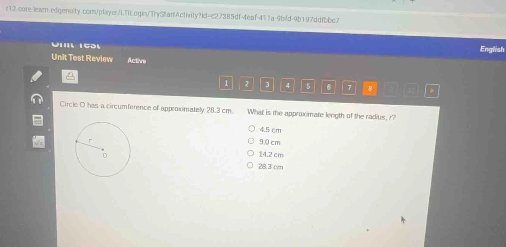 circle o has a circumference of approximately 28.3 cm. what is the appr…