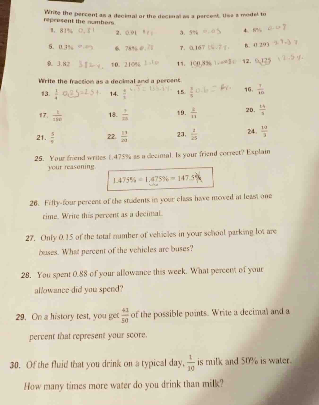 write the percent as a decimal or the decimal as a percent. use a model…