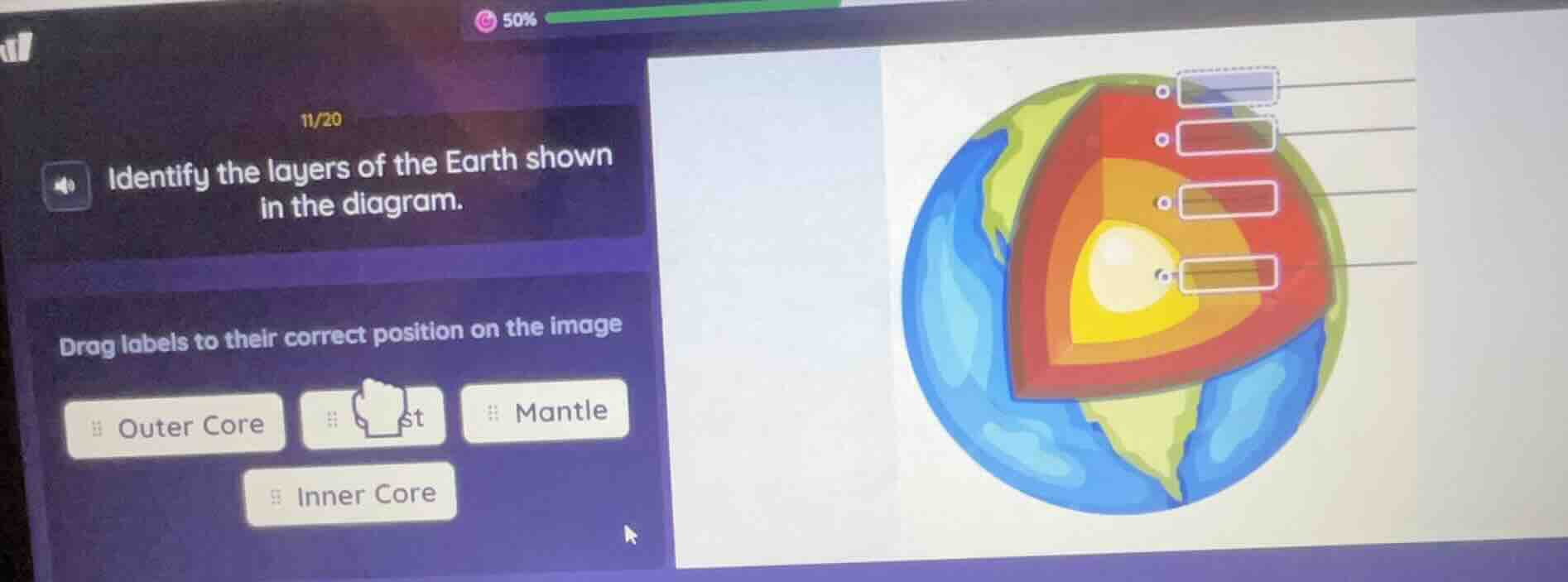 11/20 identify the layers of the earth shown in the diagram. drag label…