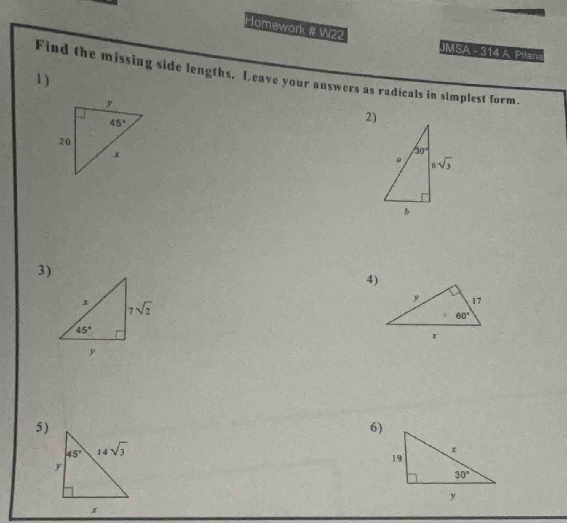 homework # w22 jmsa - 314 a. pilana find the missing side lengths. leav…
