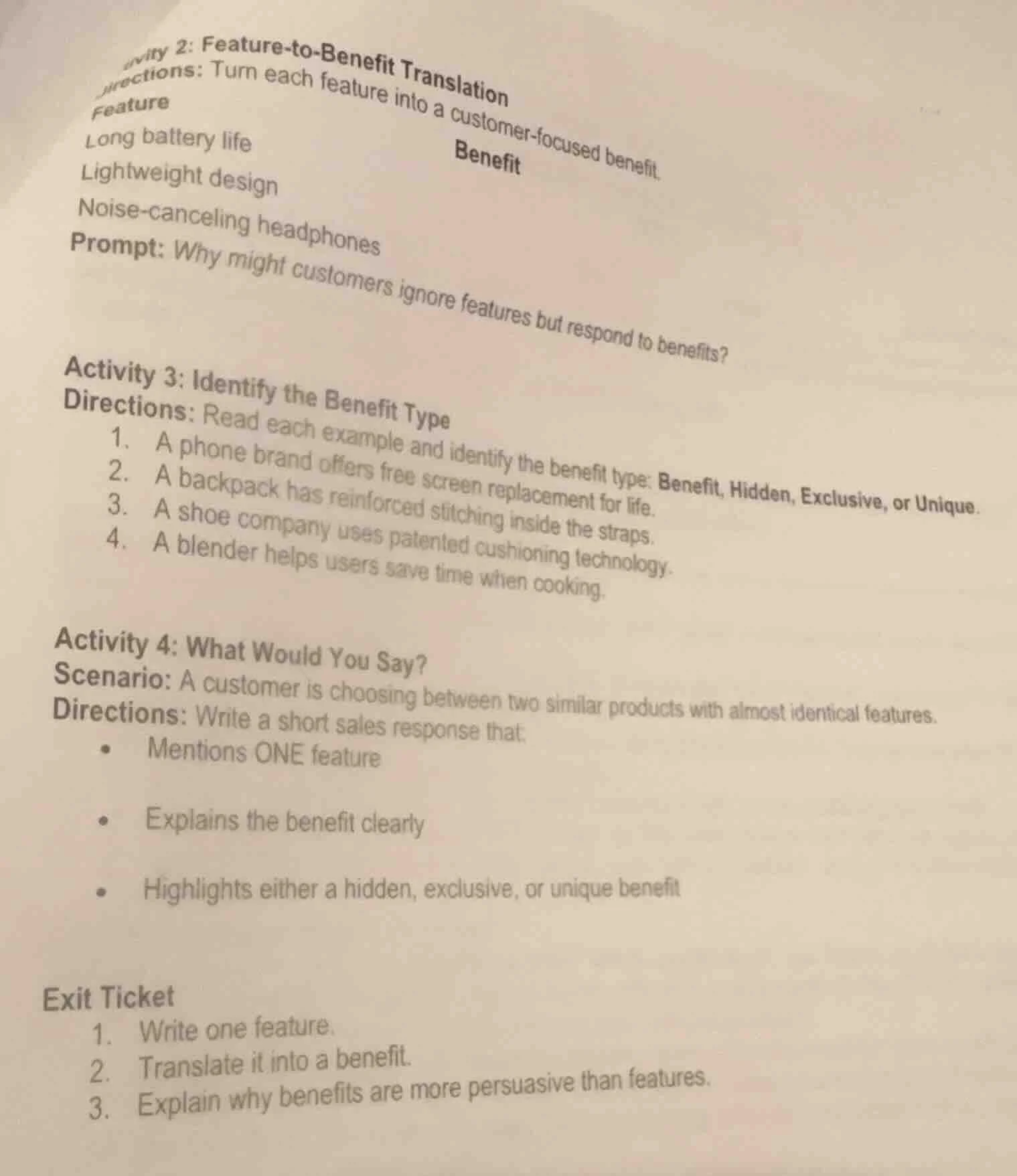 activity 2: feature - to - benefit translation directions: turn each fe…