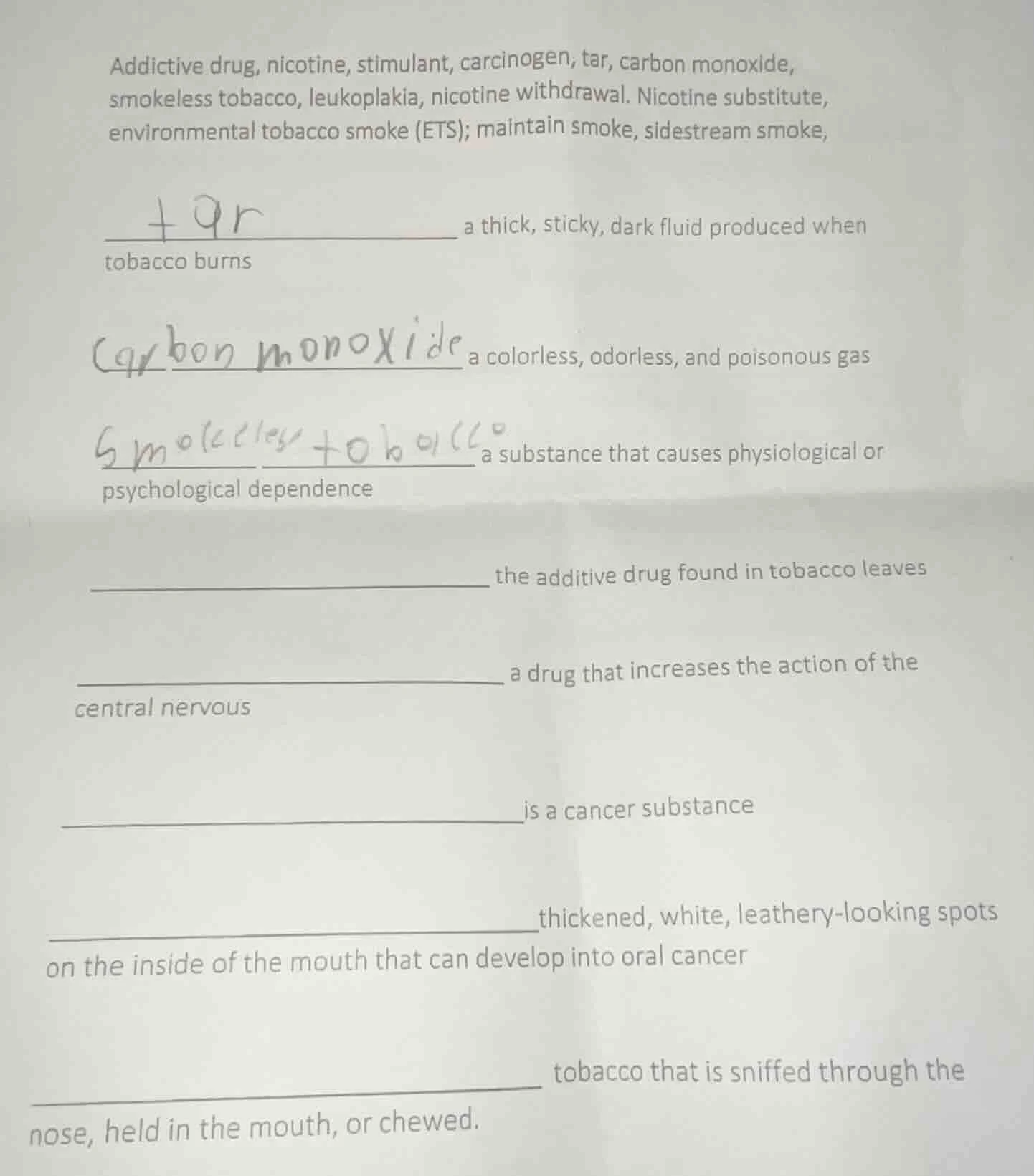 addictive drug, nicotine, stimulant, carcinogen, tar, carbon monoxide, …