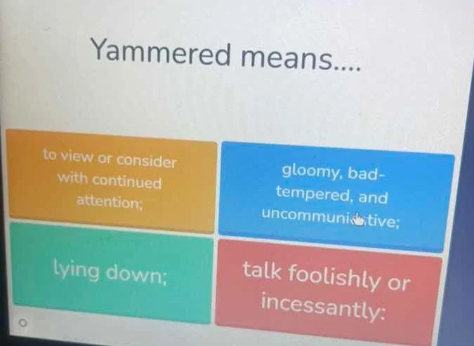 yammered means.... to view or consider with continued attention; gloomy…