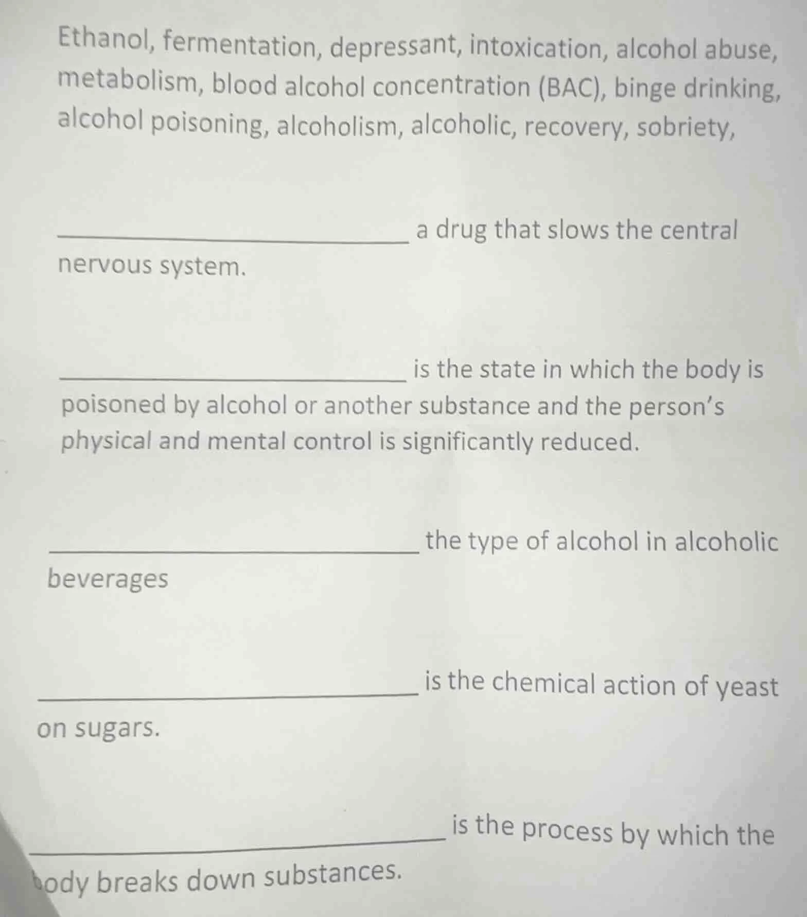 ethanol, fermentation, depressant, intoxication, alcohol abuse, metabol…