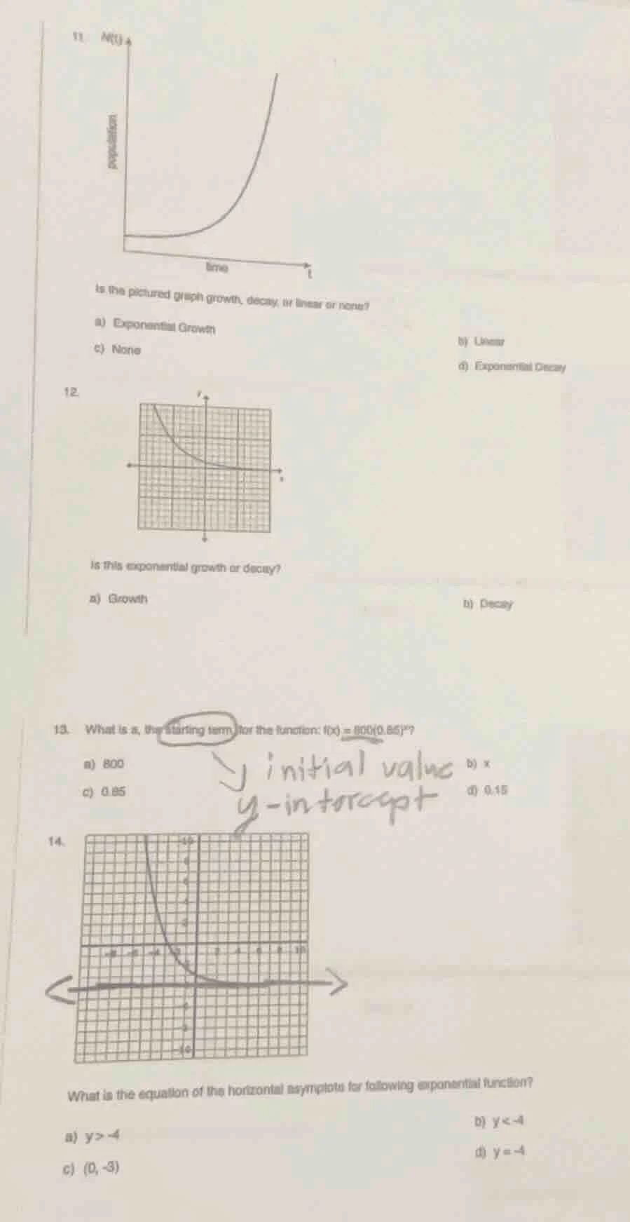 11. is the pictured graph growth, decay, or linear or none? a) exponent…