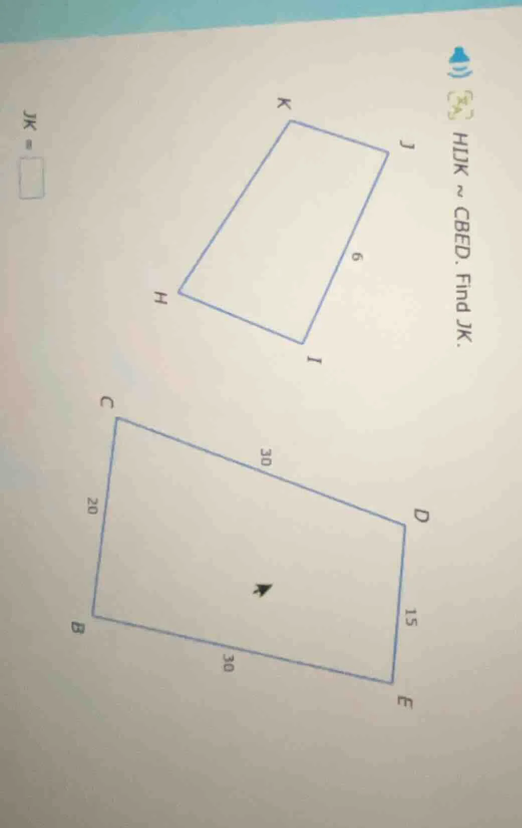 hijk ~ cbed. find jk. jk = \\boxed{}