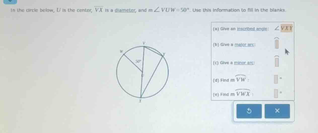 in the circle below, u is the center, (overline{vx}) is a diameter, and…