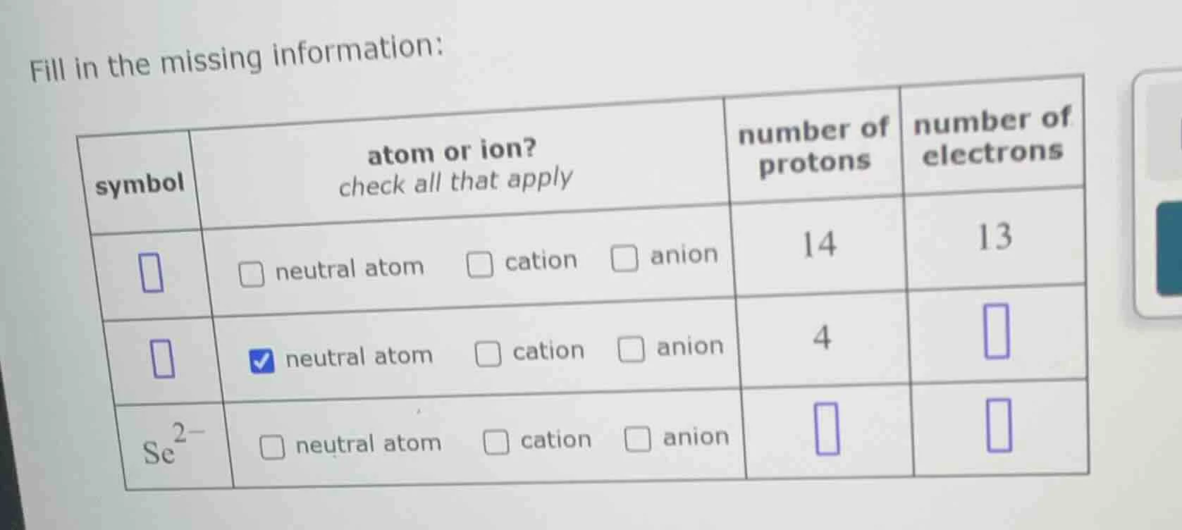 fill in the missing information: | symbol | atom or ion? check all that…