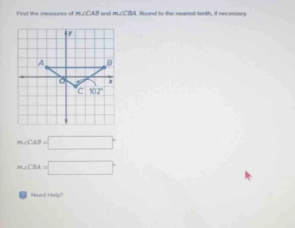 find the measures of ( mangle cab ) and ( mangle cba ). round to the ne…