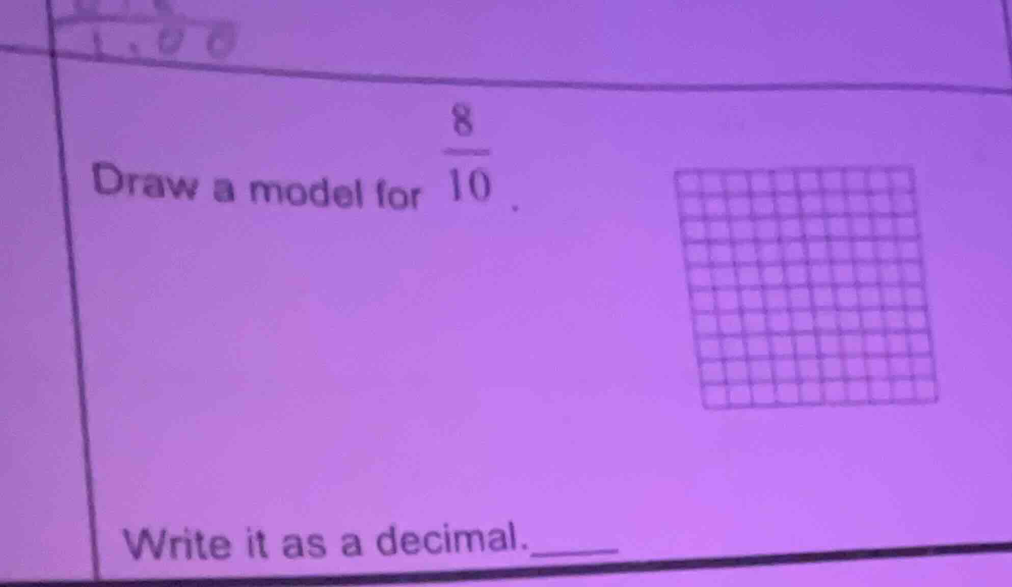 draw a model for $\frac{8}{10}$. write it as a decimal.
