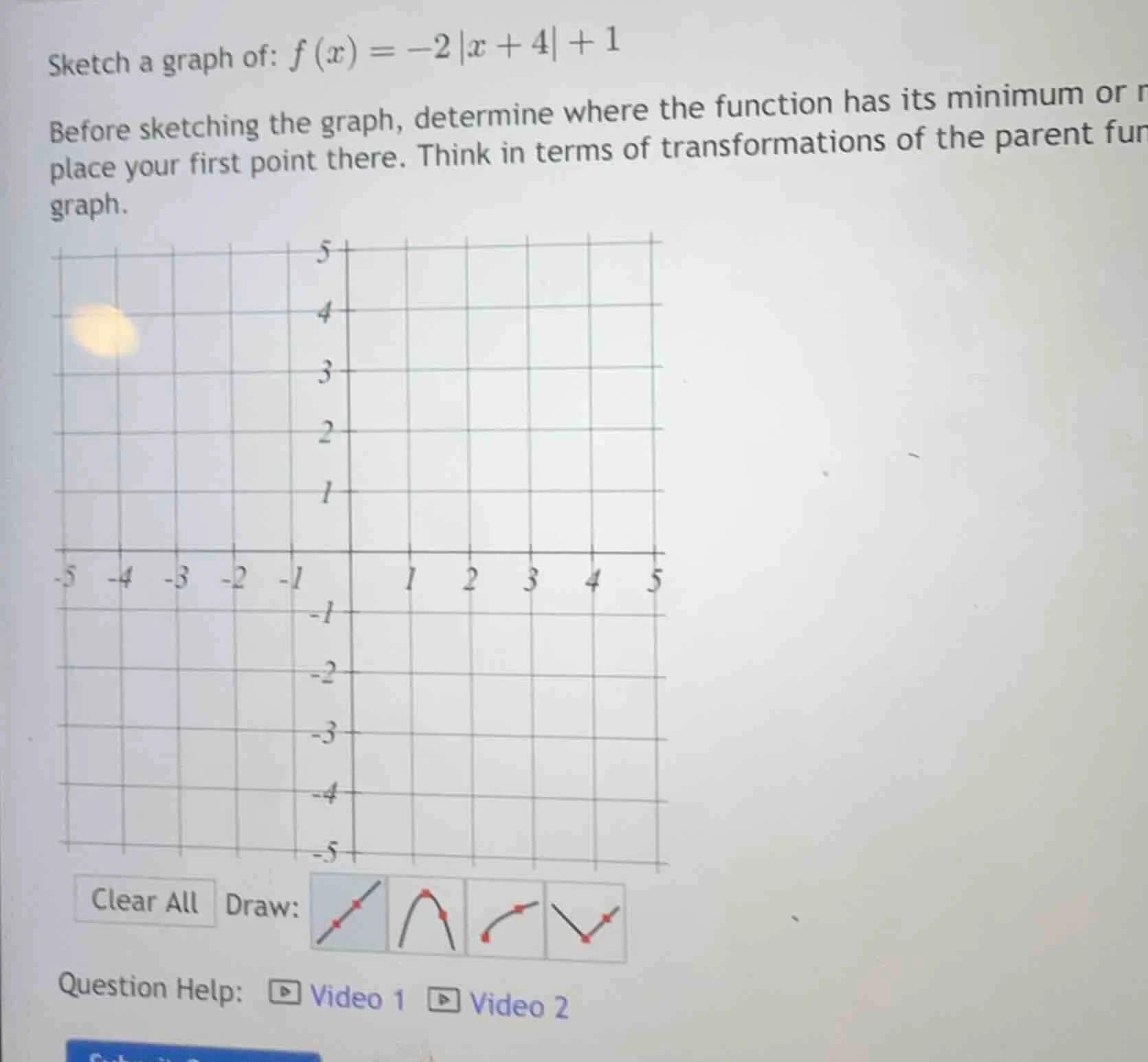 sketch a graph of: $f(x) = -2|x + 4| + 1$ before sketching the graph, d…