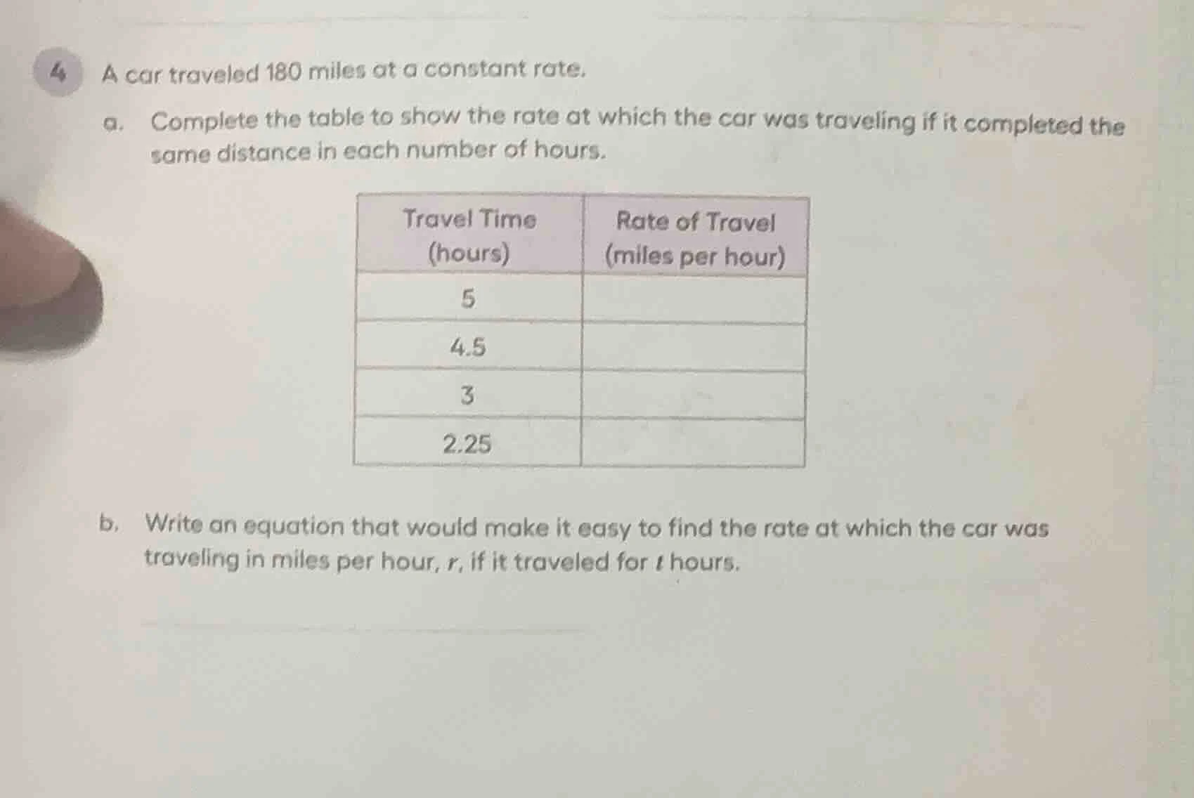 4 a car traveled 180 miles at a constant rate. a. complete the table to…