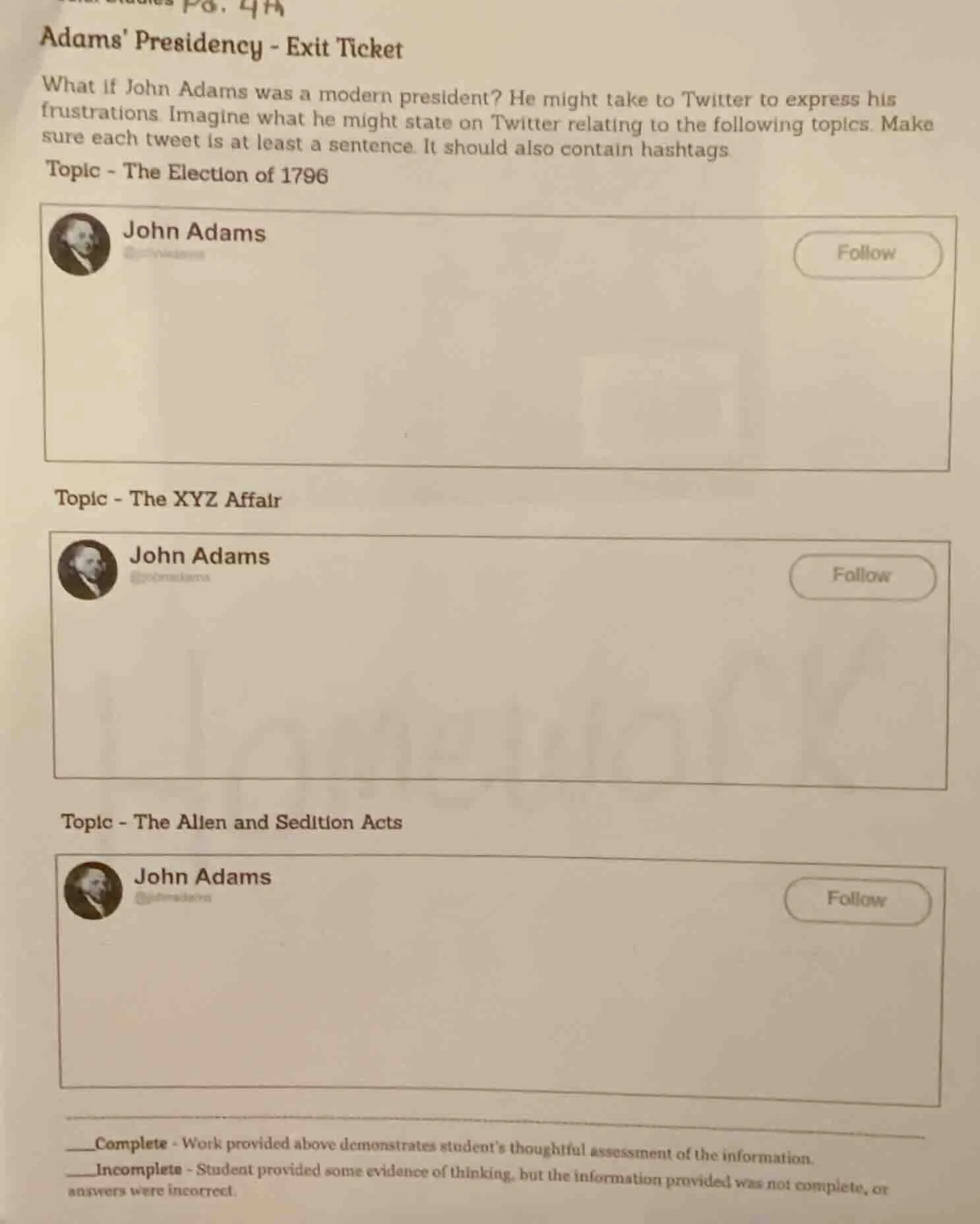 adams presidency - exit ticket what if john adams was a modern presiden…
