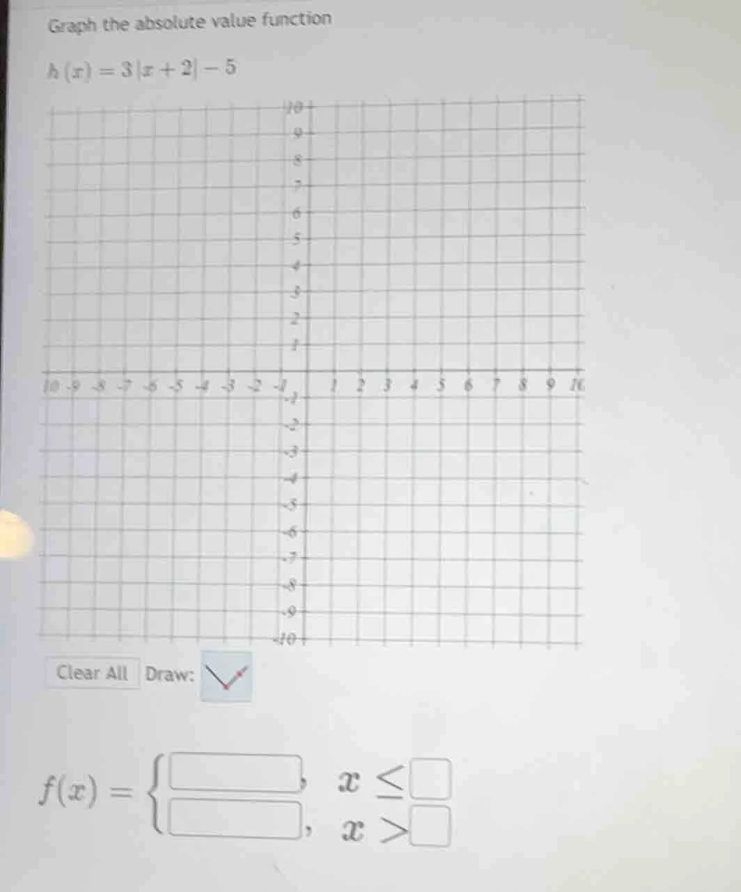 graph the absolute value function\\( h(x) = 3|x + 2| - 5 \\)\\( f(x) = …