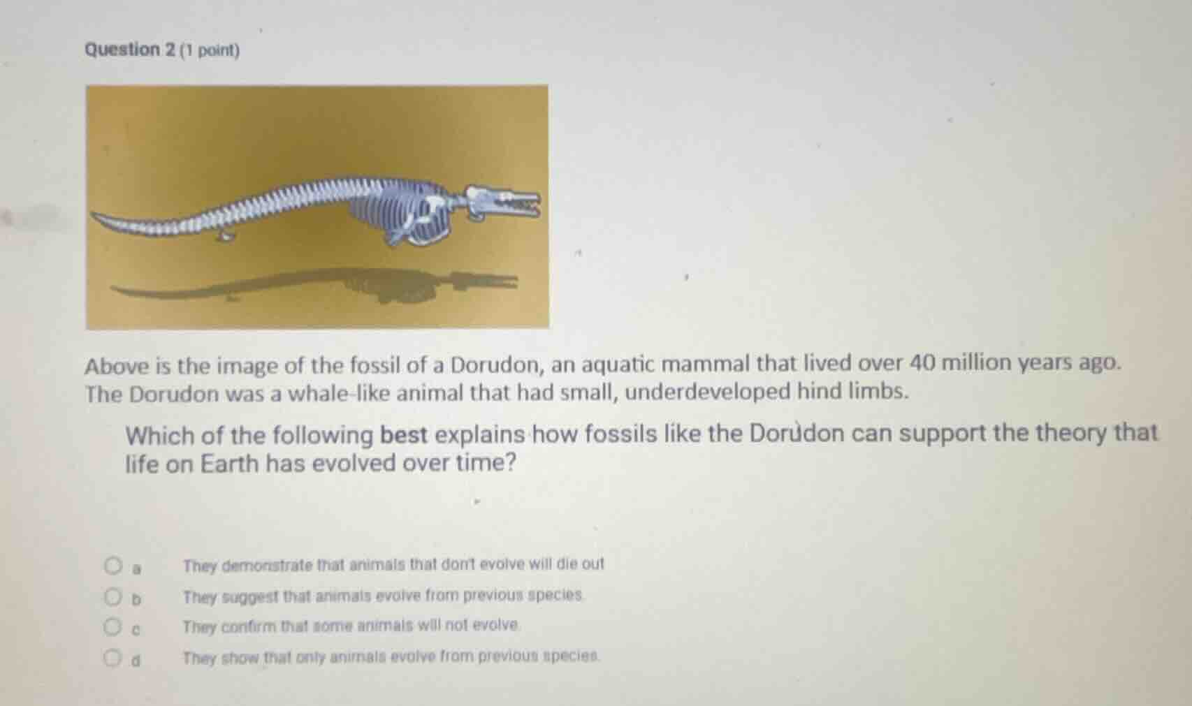 question 2 (1 point) above is the image of the fossil of a dorudon, an …
