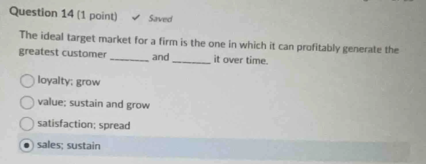question 14 (1 point) ✓ saved the ideal target market for a firm is the…