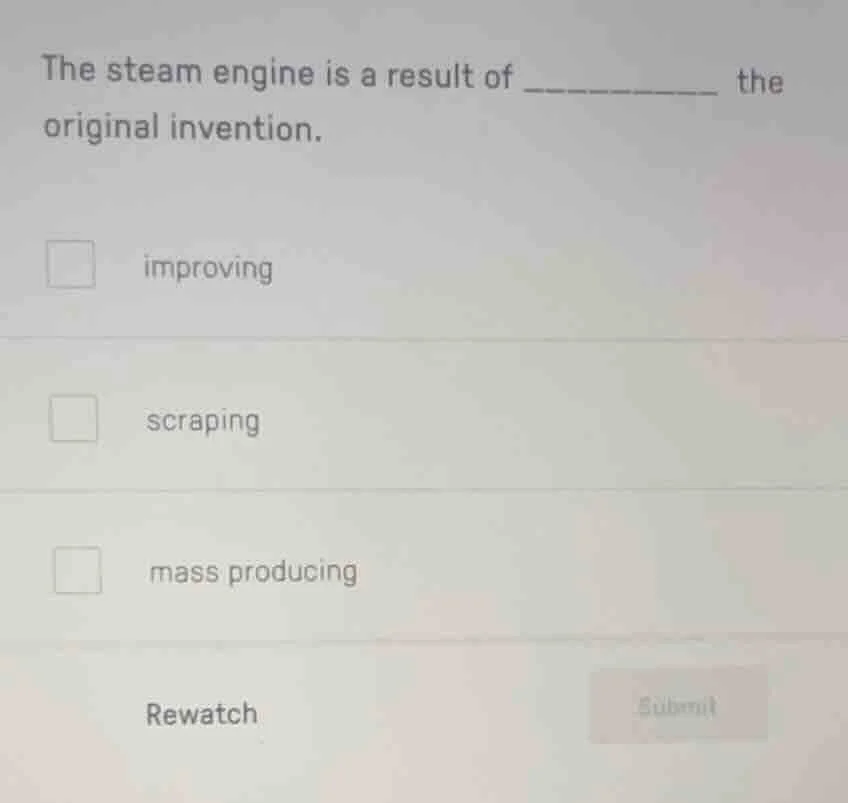 the steam engine is a result of ________ the original invention. improv…