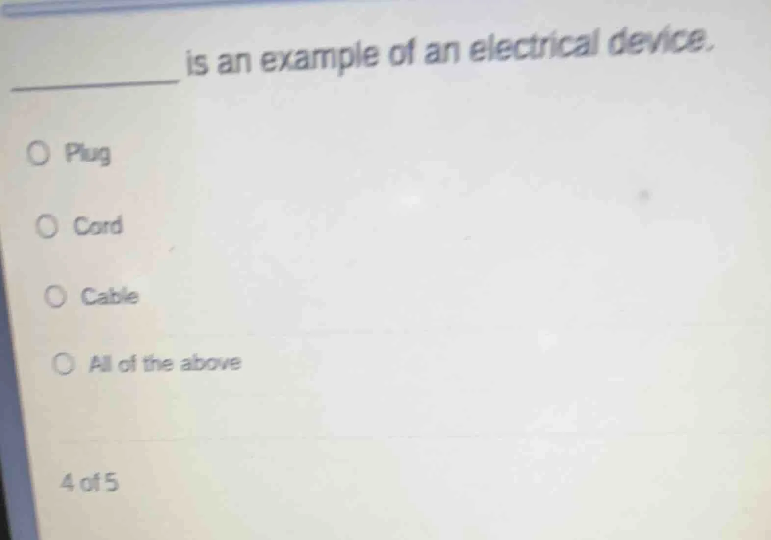 ______ is an example of an electrical device. ○ plug ○ cord ○ cable ○ a…