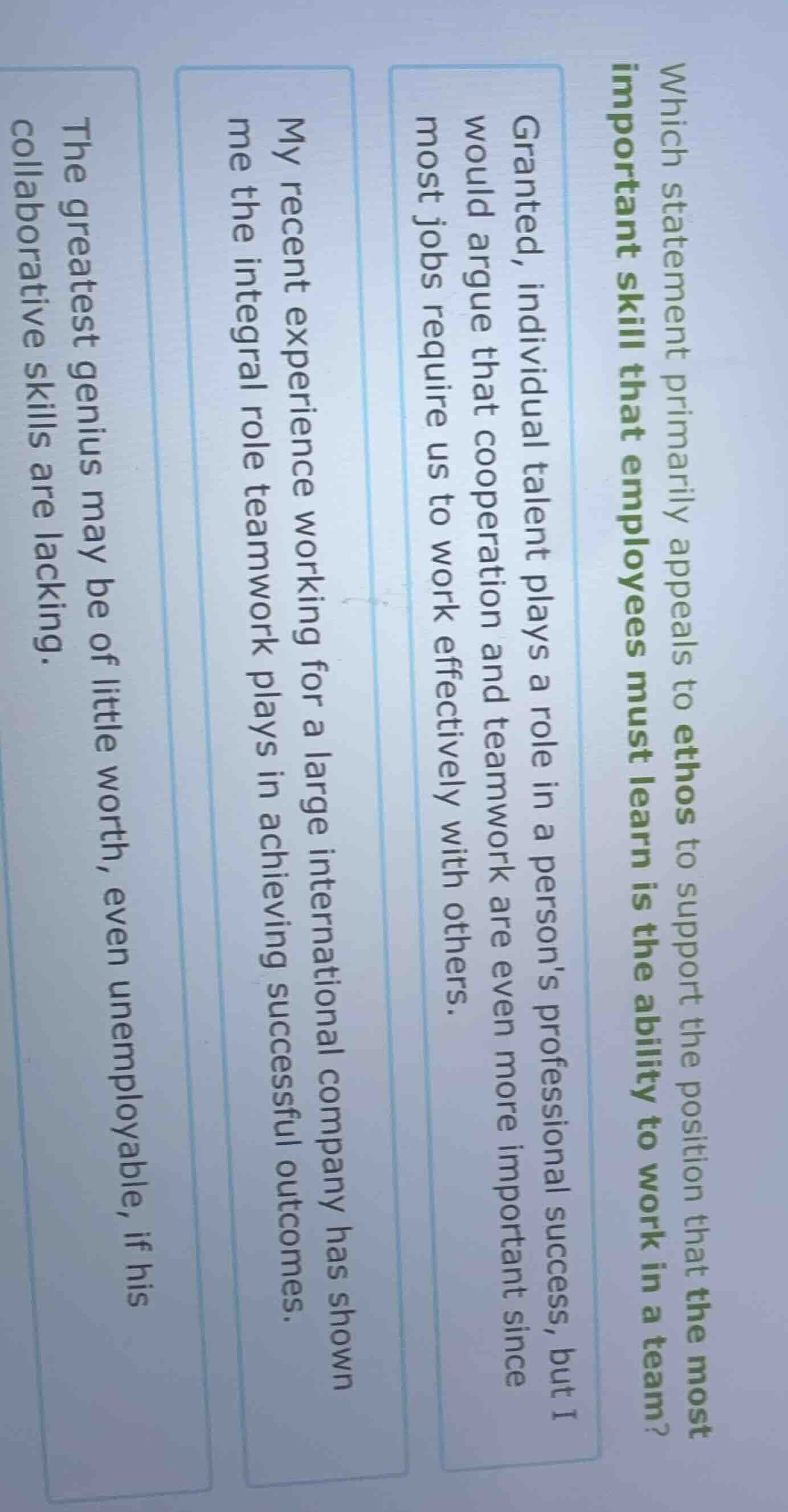 which statement primarily appeals to ethos to support the position that…