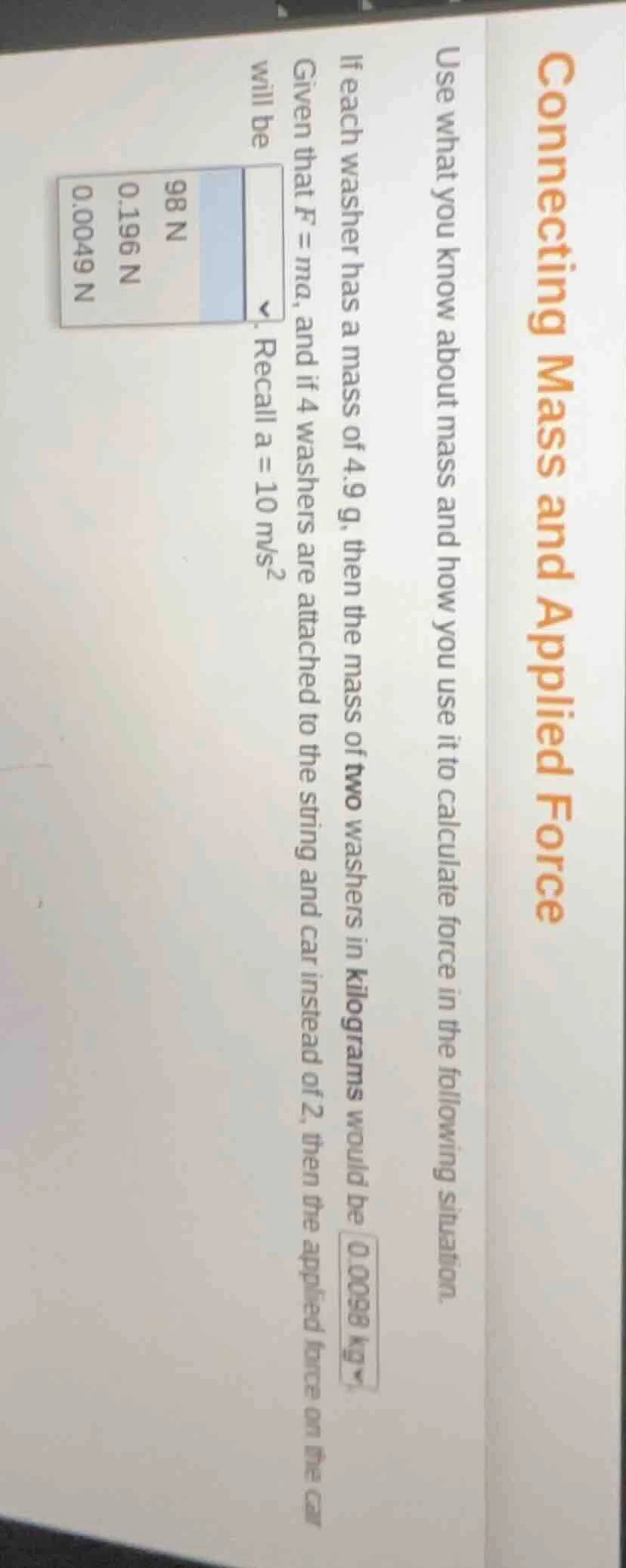 connecting mass and applied force use what you know about mass and how …