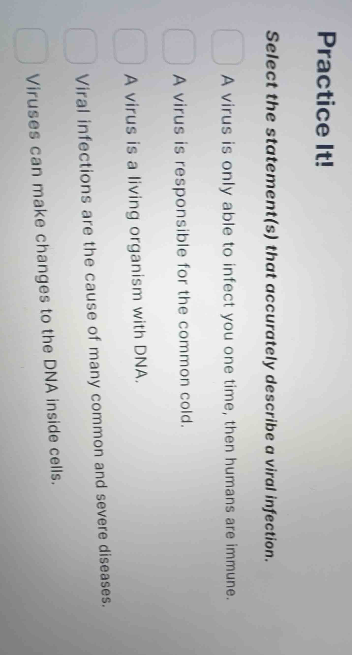 practice it! select the statement(s) that accurately describe a viral i…