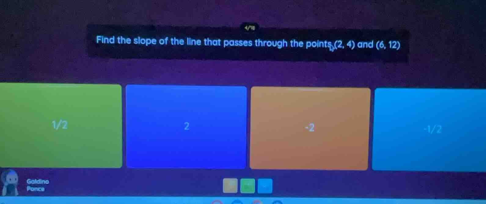 find the slope of the line that passes through the points (2, 4) and (6…