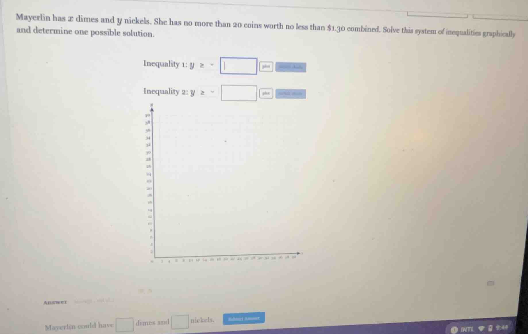 mayerlin has ( x ) dimes and ( y ) nickels. she has no more than 20 coi…