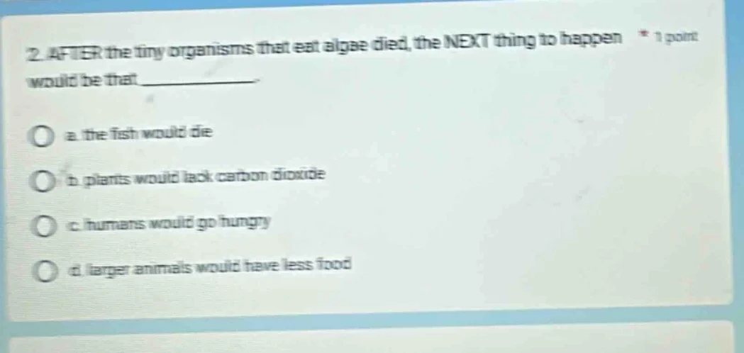 2. after the tiny organisms that eat algae died, the next thing to happ…