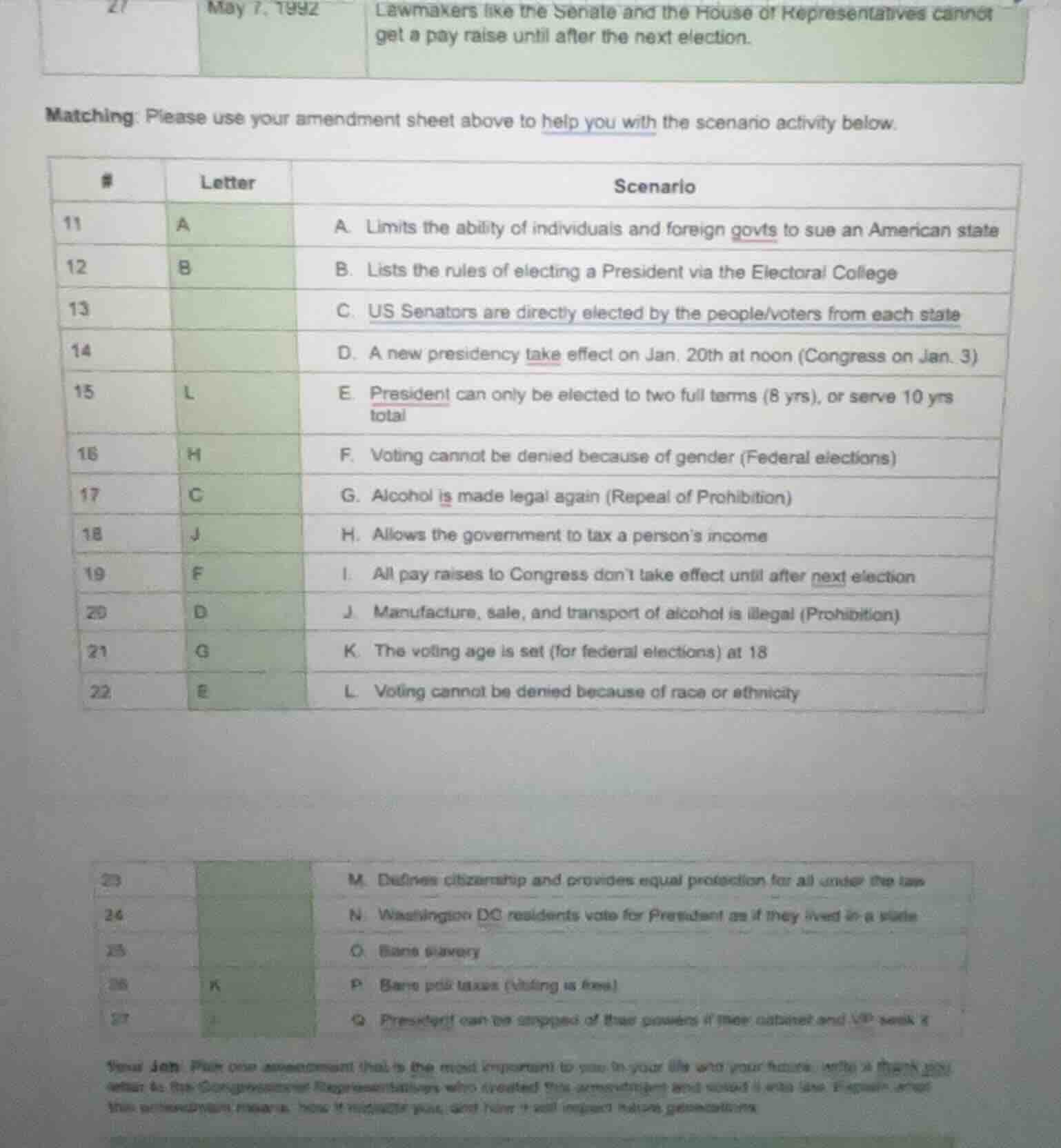 matching: please use your amendment sheet above to help you with the sc…