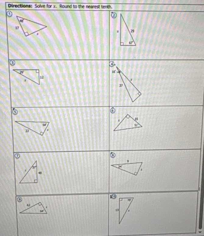 directions: solve for x. round to the nearest tenth. ① ② ③ ④ ⑤ ⑥ ⑦ ⑧ ⑨ ⑩