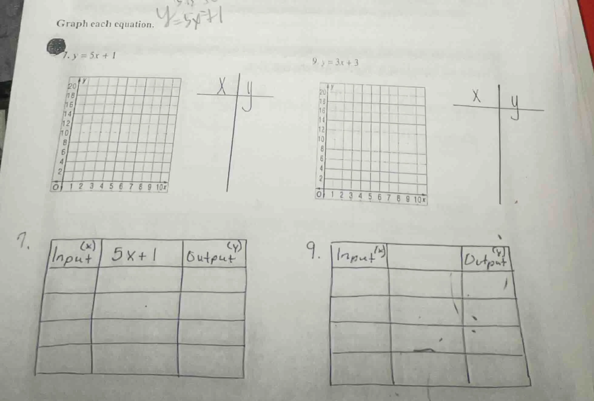 graph each equation. 7. $y = 5x + 1$ 9. $y = 3x + 3$ (there are also so…