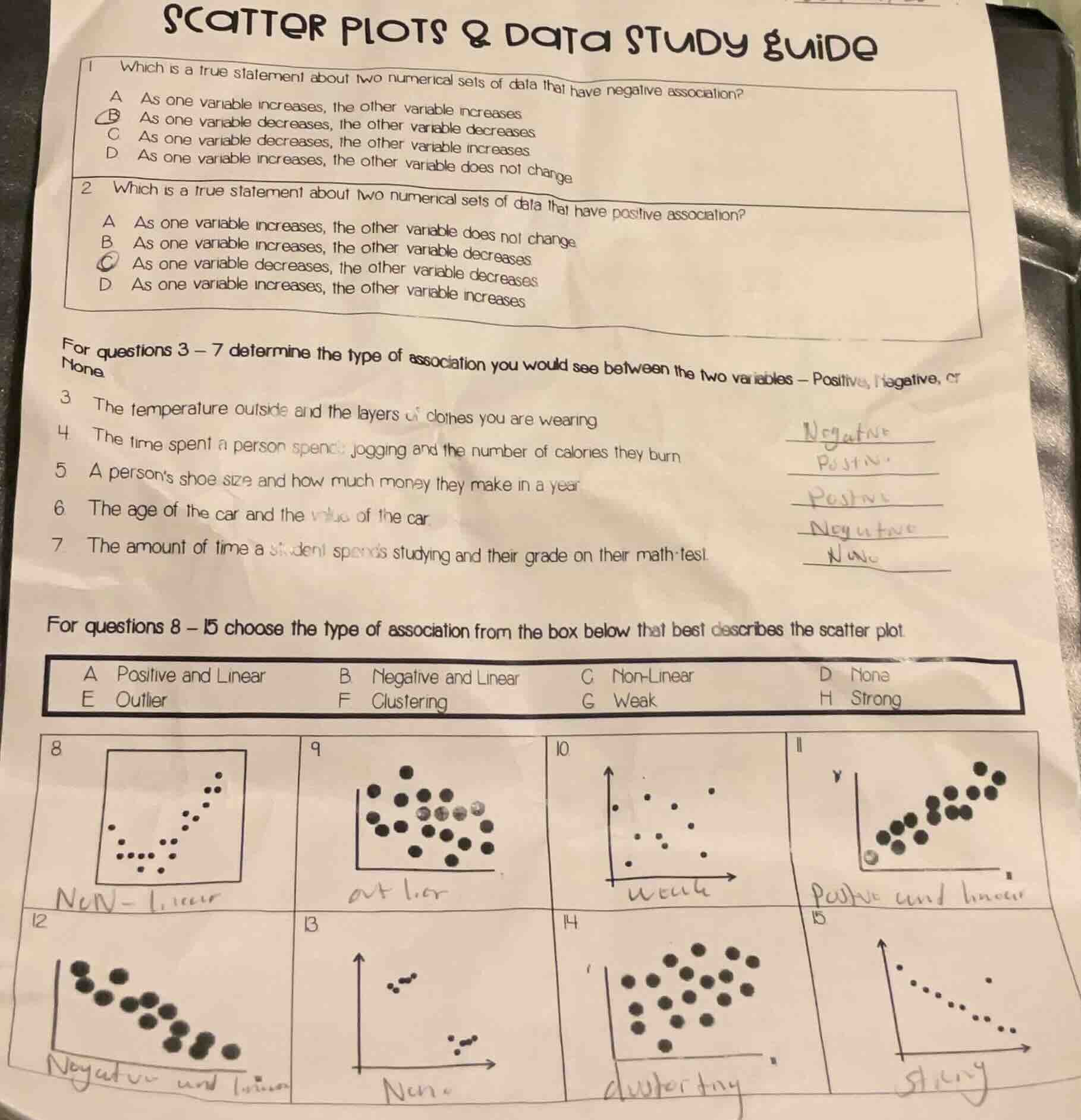 scatter plots & data study guide 1 which is a true statement about two …