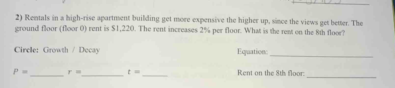 2) rentals in a high - rise apartment building get more expensive the h…