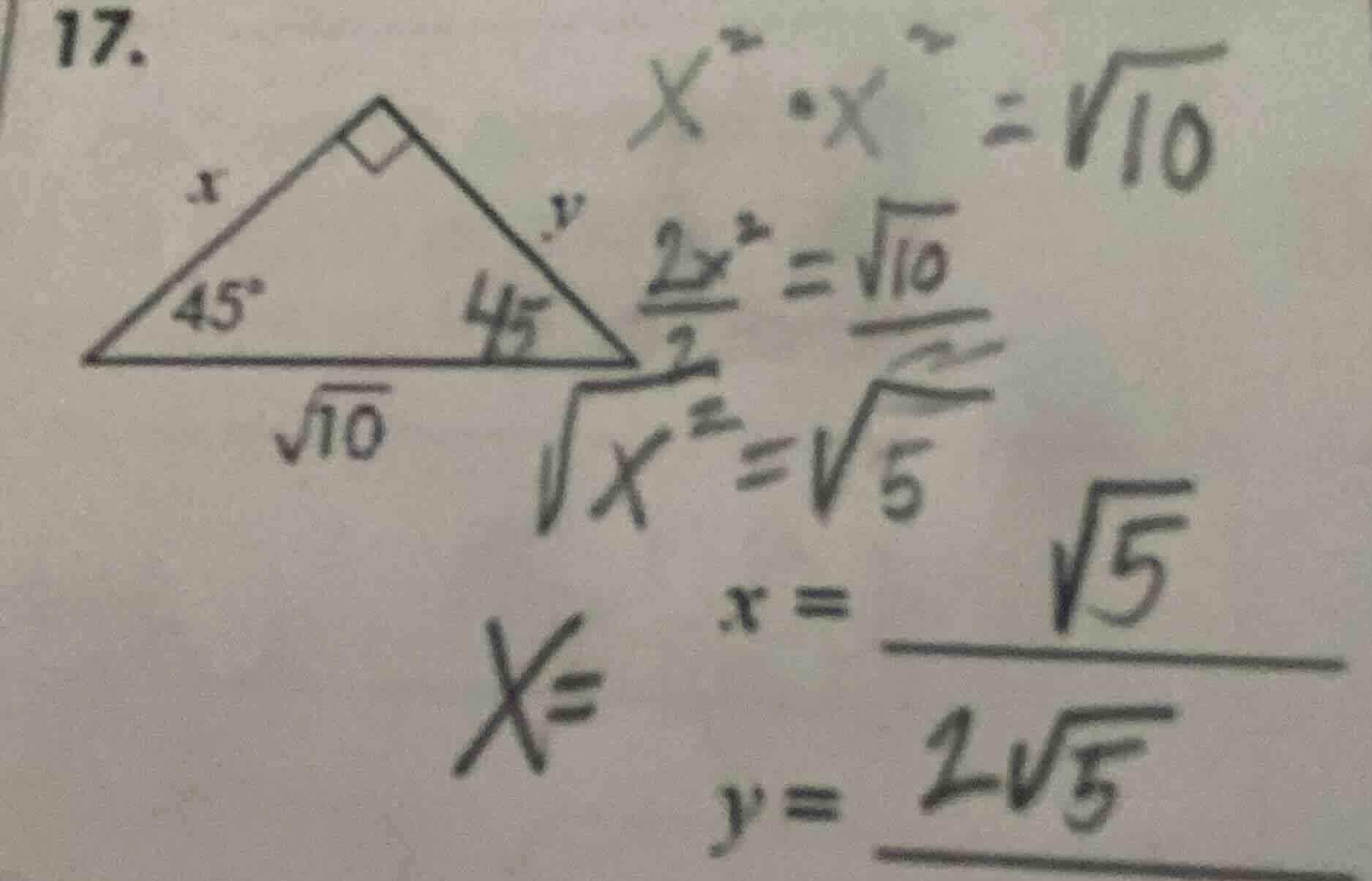 17. (triangle with 45°, 45°, right angle, sides x, y, base √10; equatio…