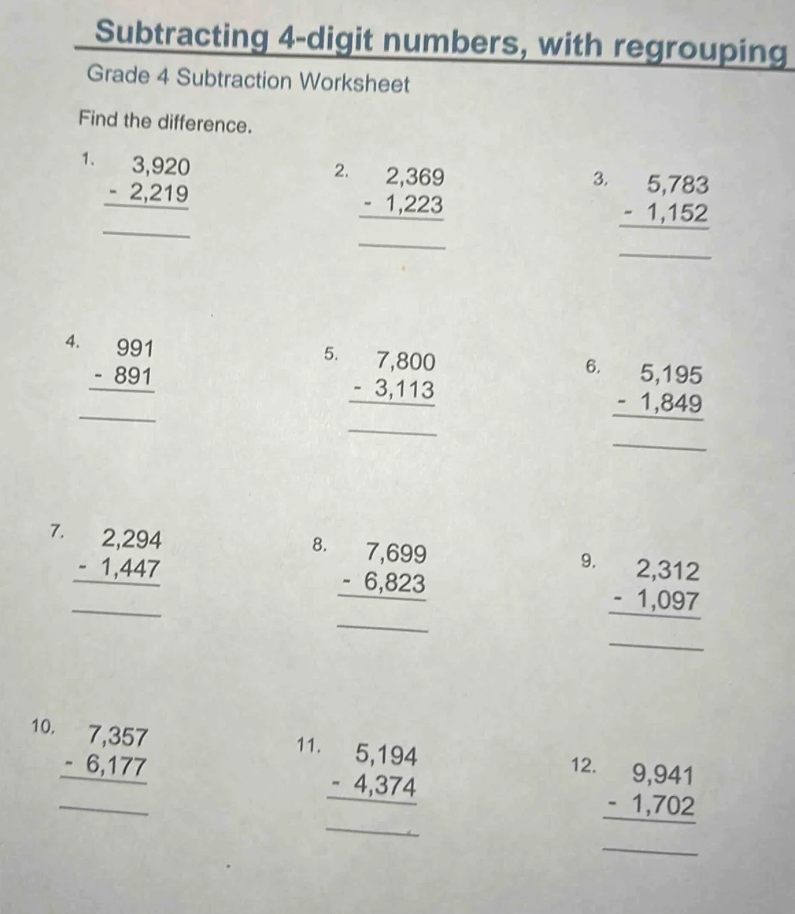subtracting 4 - digit numbers, with regrouping grade 4 subtraction work…