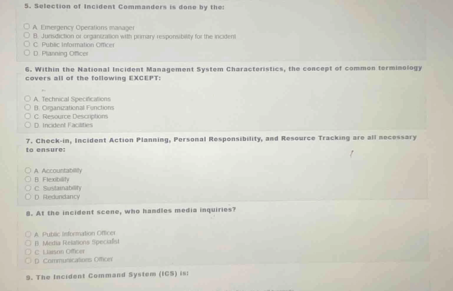 5. selection of incident commanders is done by the: a emergency operati…