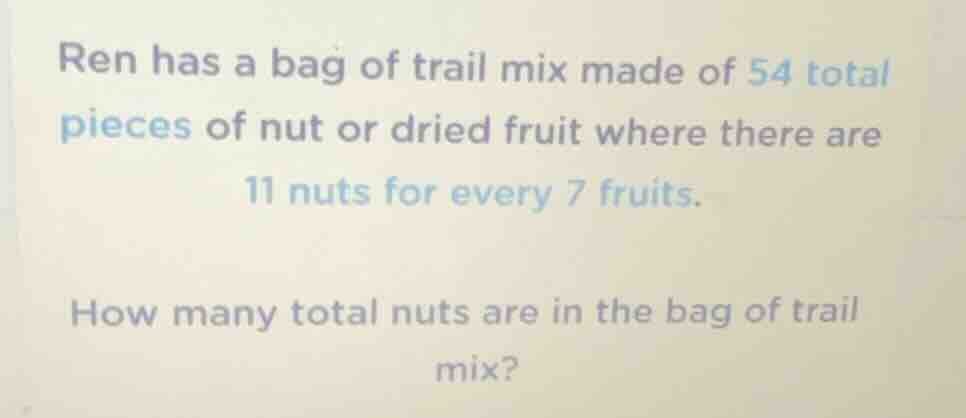 ren has a bag of trail mix made of 54 total pieces of nut or dried frui…