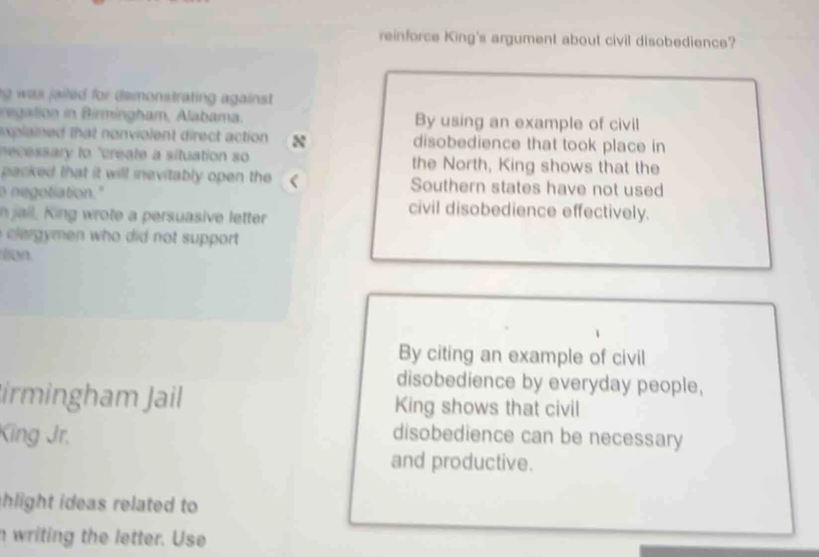 reinforce kings argument about civil disobedience? by using an example …