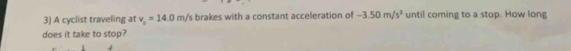 3) a cyclist traveling at $v_0 = 14.0$ m/s brakes with a constant accel…