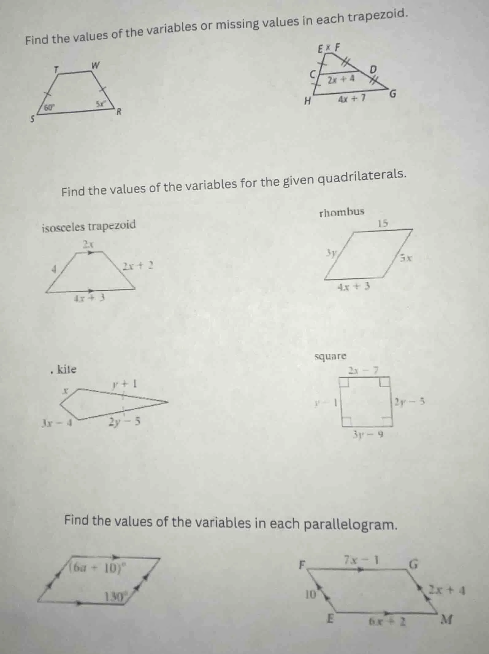 find the values of the variables or missing values in each trapezoid. f…