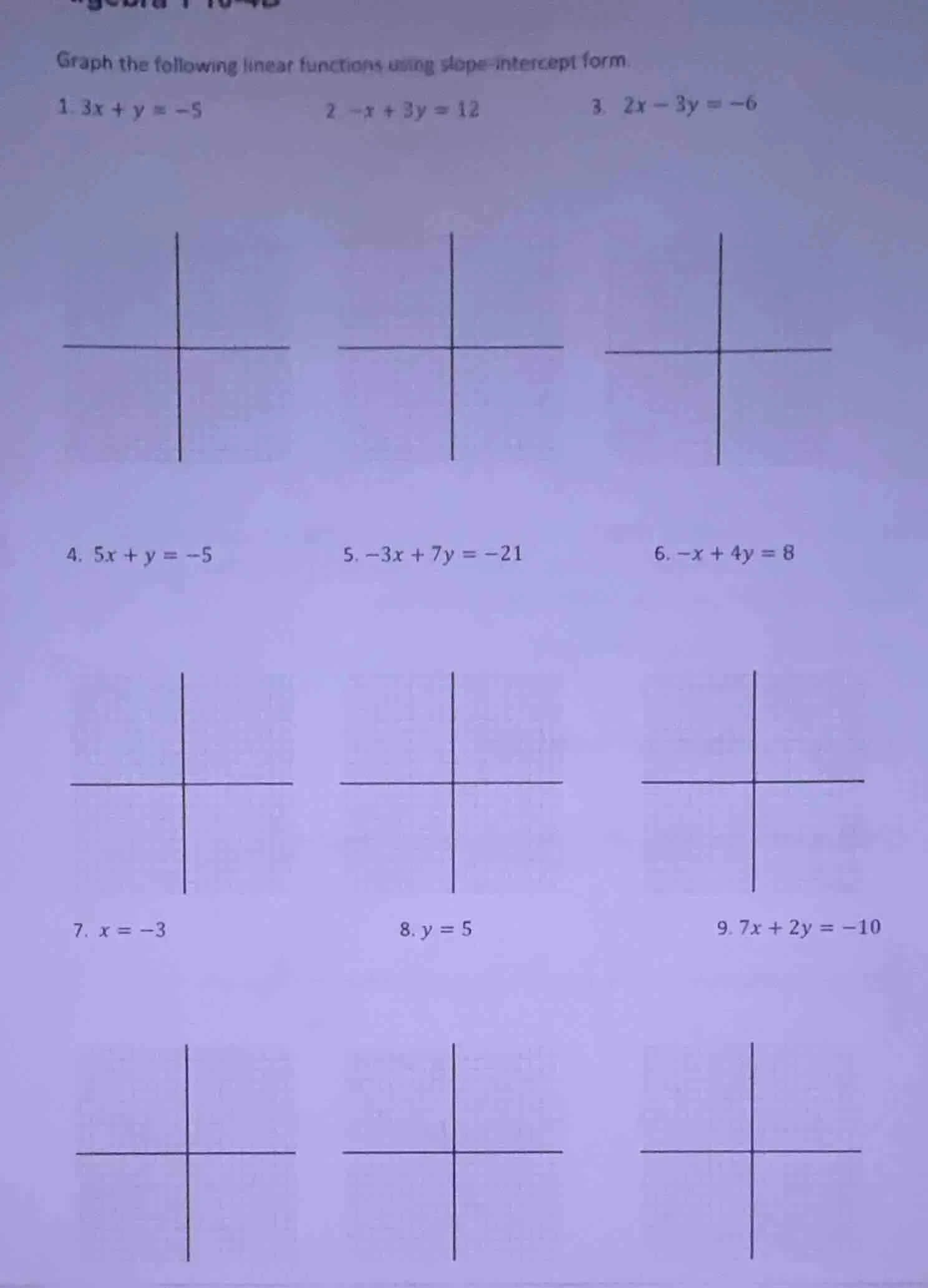graph the following linear functions using slope - intercept form. 1. $…