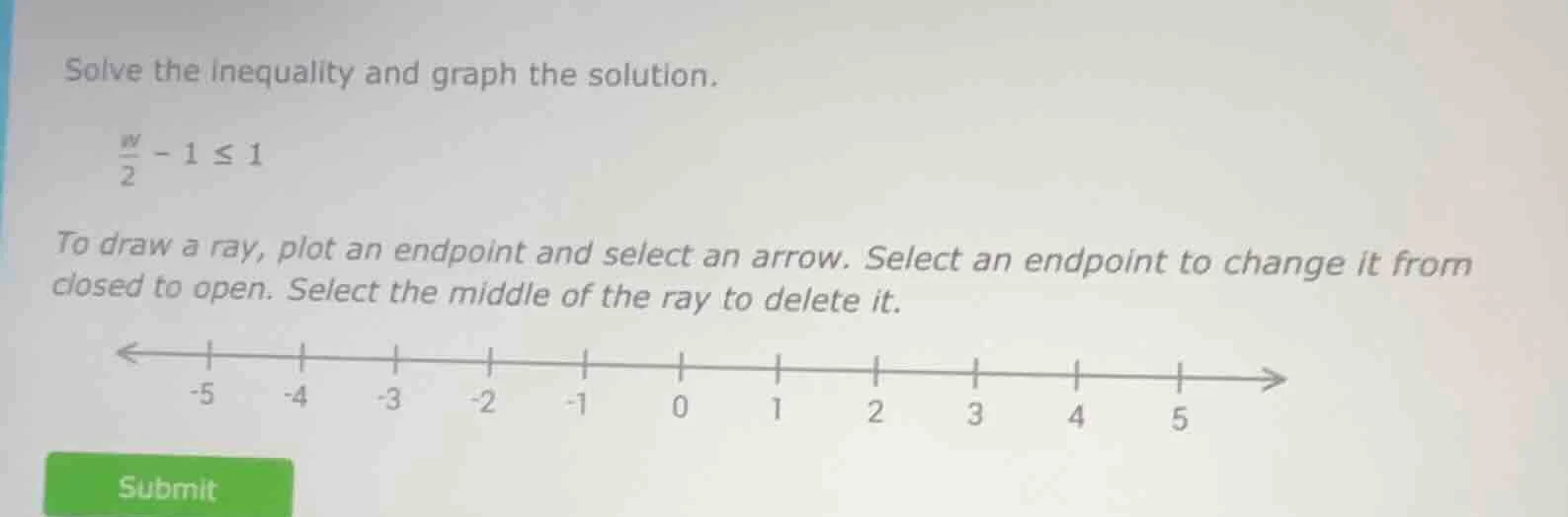 solve the inequality and graph the solution. \\(\frac{w}{2} - 1 leq 1\\…